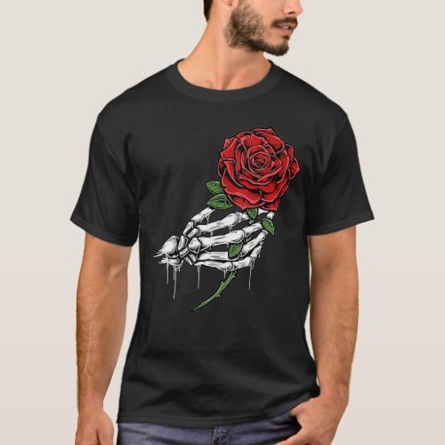Skeleton Hand Holding A Single Red Rose Stem Tatto T_Shirt
