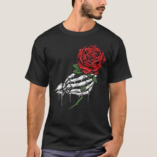 Skeleton Hand Holding A Single Red Rose Stem Tatto T-Shirt (Front)