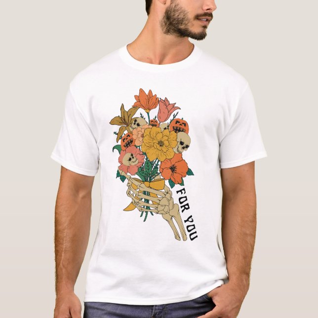 Skeleton Hand Holding Flowers Halloween T-Shirt (Front)