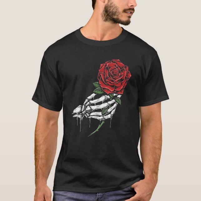Skeleton Hand Holding Red Rose T-Shirt (Front)