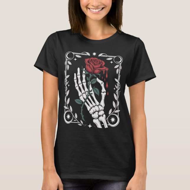Skeleton Hand Holding Rose Gothic T-Shirt for Dark (Front)