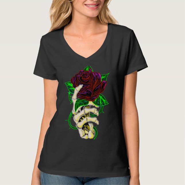 Skeleton Hand Holding Rose  Tattoo T-Shirt (Front)