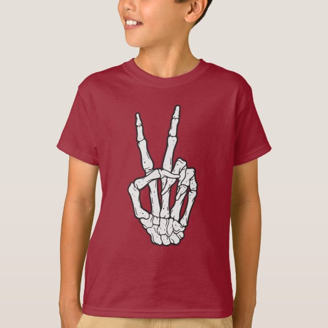 Skeleton hand making peace sign T-Shirt (Front)