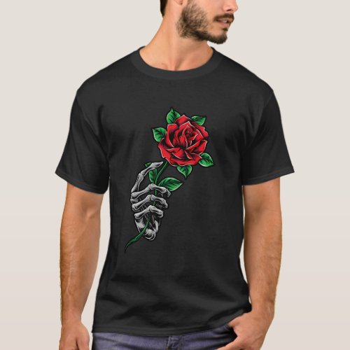 Skeleton Hand Red Rose Flower T_Shirt