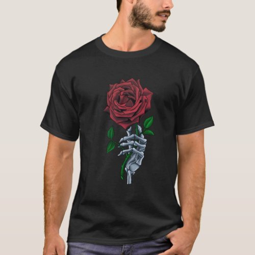 Skeleton Hand Red Rose Flower T_Shirt