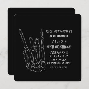 Skeleton Hand Rock Star Black Birthday Party Invitation