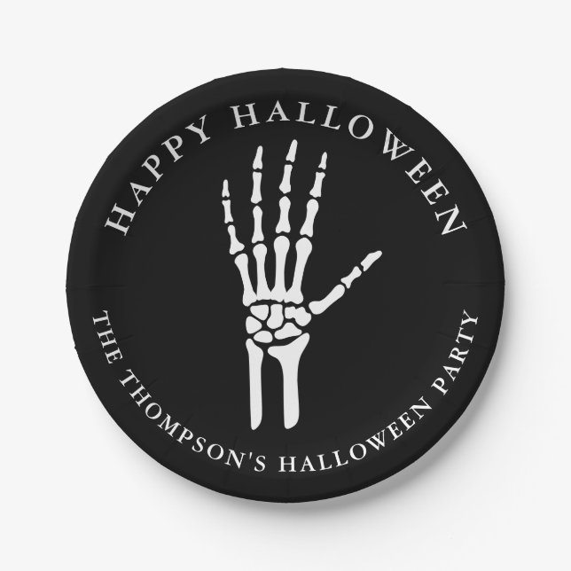 Skeleton Hand Silhouette On Black Happy Halloween Paper Plates (Front)