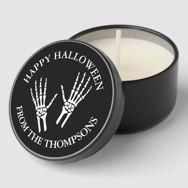 Skeleton Hand Silhouettes On Black Happy Halloween Mini Candle Favors (Corner)