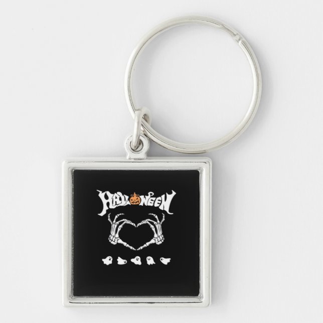 Skeleton Hand With Halloween Theme Dark Seasonal Keychain (Front)