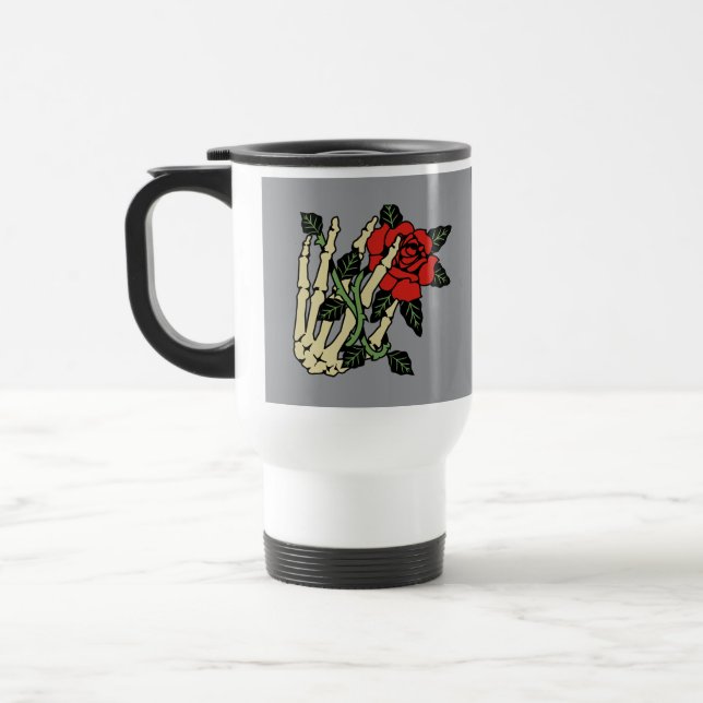 Skeleton Hand with Rose Travel Mug – Customizable (Left)