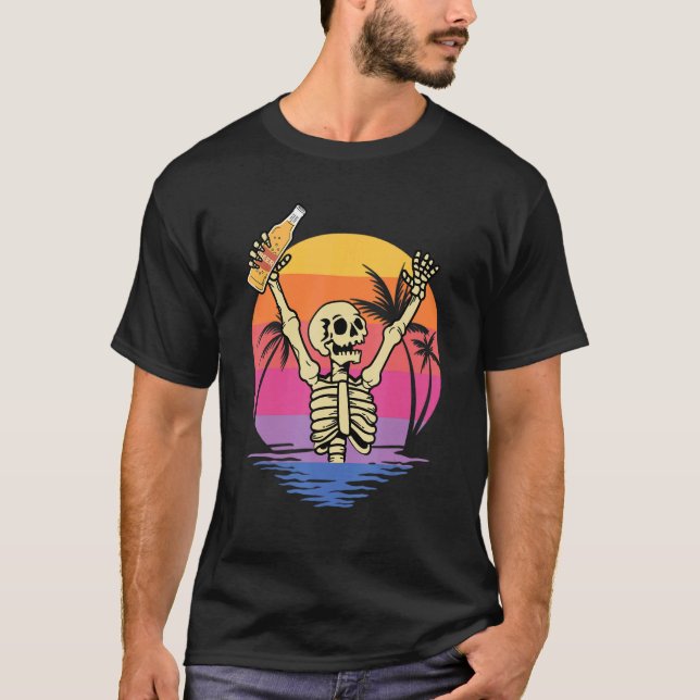 Skeleton Hands Cheers Beer with Sunset Retro Backg T-Shirt (Front)