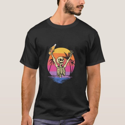 Skeleton Hands Cheers Beer with Sunset Retro Backg T_Shirt