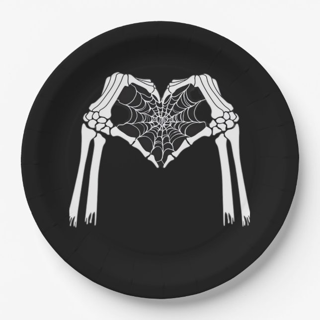 Skeleton Hands Cobweb Heart White Retro Classic Paper Plates (Front)