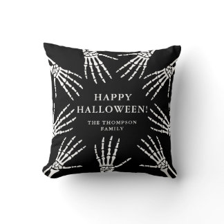 Skeleton Hands Family Name Happy Halloween Black Throw Pillow