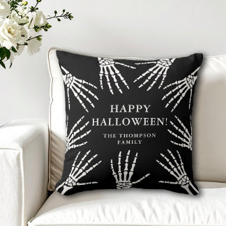Skeleton Hands Family Name Happy Halloween Black Throw Pillow