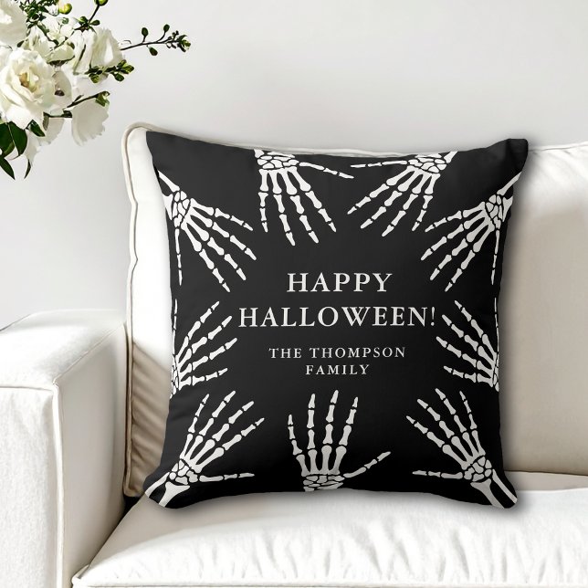 Skeleton Hands Family Name Happy Halloween Black Throw Pillow (Creator Uploaded)
