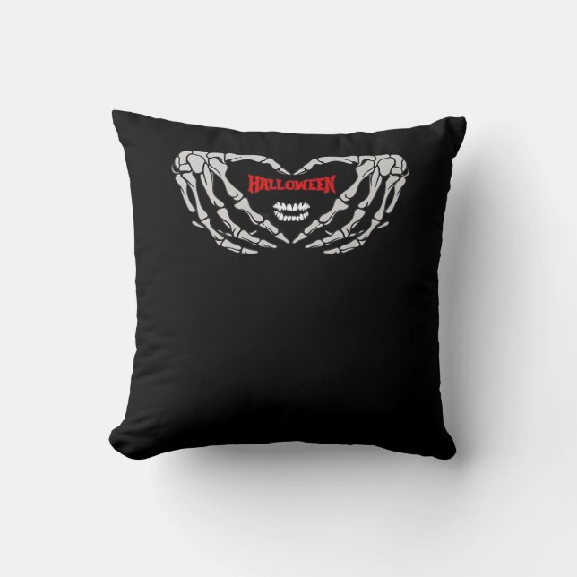Skeleton Hands Folded In A Heart Funny Halloween Throw Pillow (Front)