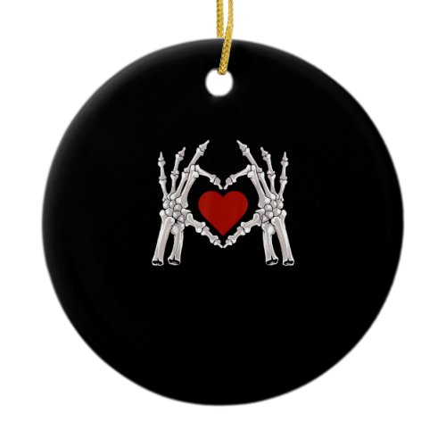 Skeleton Hands Form A Heart With Red Heart Bright  Ceramic Ornament