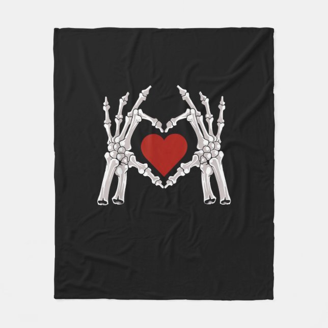 Skeleton Hands Form A Heart With Red Heart Bright  Fleece Blanket (Front)