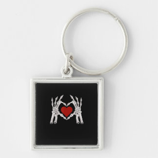 Skeleton Hands Form A Heart With Red Heart Bright  Keychain