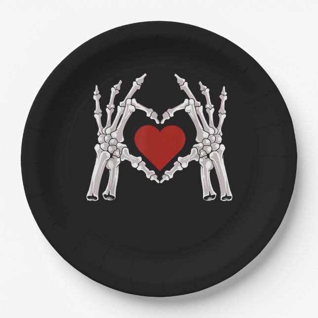Skeleton Hands Form A Heart With Red Heart Paper Plates (Front)