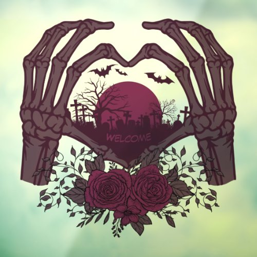 Skeleton Hands Heart Around Cemetery with Roses Window Cling
