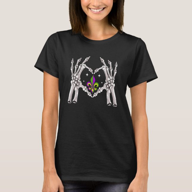 Skeleton Hands Heart Love Funny Mardi Gras Fleur D T-Shirt (Front)