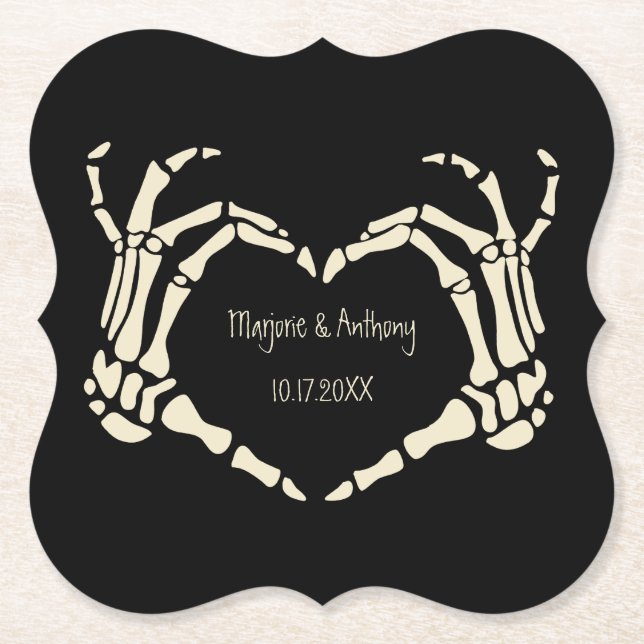 Skeleton Hands Heart Shape Custom Wedding Paper Coaster (Front)