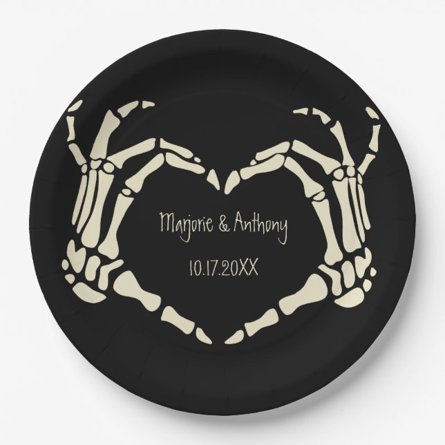 Skeleton Hands Heart Shape Custom Wedding Paper Plates (Front)