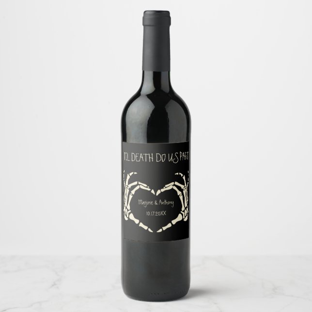 Skeleton Hands Heart Shape Custom Wedding Wine Label (Front)