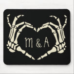Skeleton Hands Heart Shape Personalized Goth Style Mouse Pad<br><div class="desc">Add the first initials of you and your significant other to create a personalized mouse pad with a creepy vibe. This mousepad features an illustration of skeleton hands in a heart shape framing your initials. The graphic and text are in a cream or ivory color and set against a black...</div>