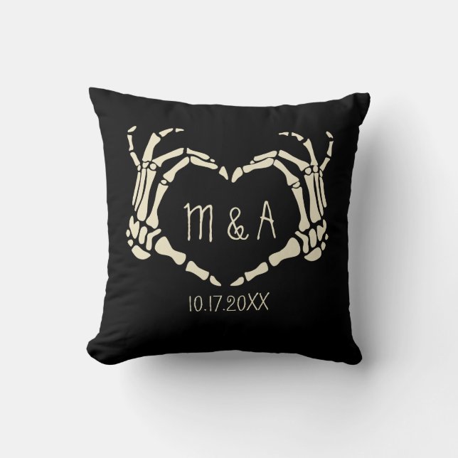 Skeleton Hands Heart Shape Wedding Photo Throw Pillow (Front)