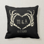 Skeleton Hands Heart Shape Wedding Photo Throw Pillow<br><div class="desc">Commemorate your wedding day with this custom keepsake throw pillow. The front has an illustration of skeleton hands in a heart shape framing your initials with your wedding date below. The graphic and text are in cream or ivory against a black background. The reverse side is ready to be customized...</div>