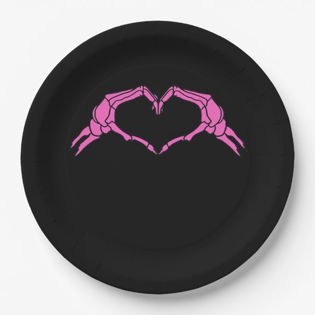 Skeleton Hands Heart Sign Retro Halloween Paper Plates (Front)