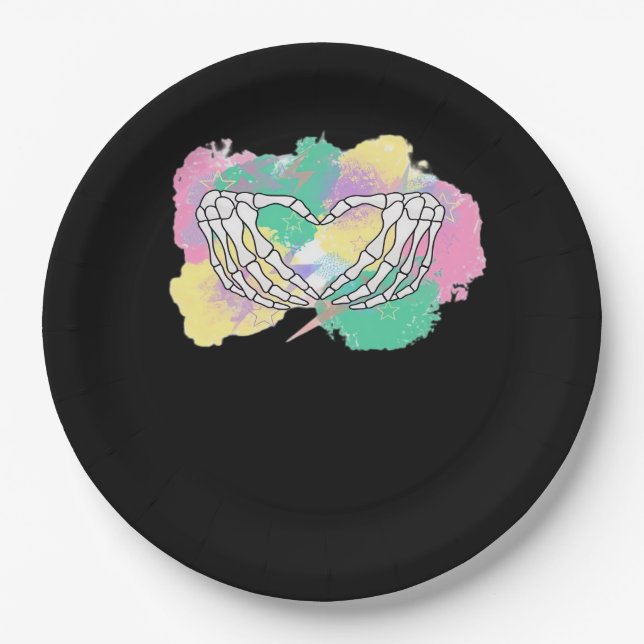 Skeleton Hands Heart With Abstract Coloured Backgr Paper Plates (Front)