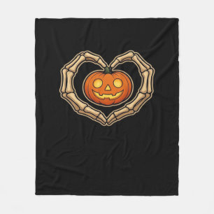 Skeleton Hands Heart With Pumpkin Cute Spooky Hall Fleece Blanket