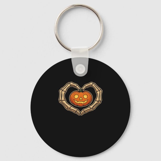 Skeleton Hands Heart With Pumpkin Cute Spooky Hall Keychain (Front)