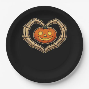 Skeleton Hands Heart With Pumpkin Cute Spooky Hall Paper Plates
