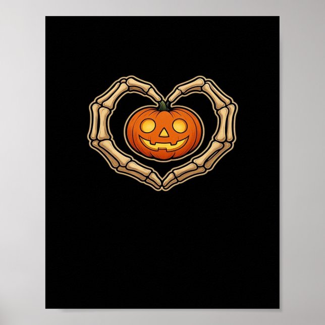 Skeleton Hands Heart With Pumpkin Cute Spooky Hall Poster (Front)