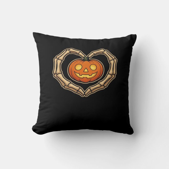 Skeleton Hands Heart With Pumpkin Cute Spooky Hall Throw Pillow (Front)