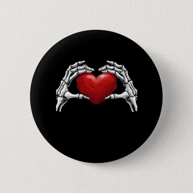 Skeleton Hands Holding A Red Heart Warm Highlight Button (Front)