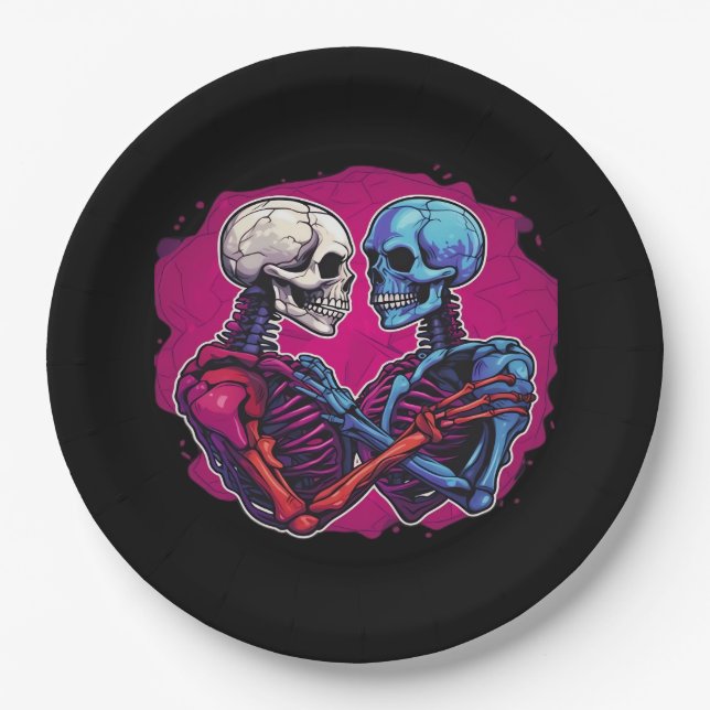 Skeleton Hands Holding Heart Retro Tattoo Style Paper Plates (Front)