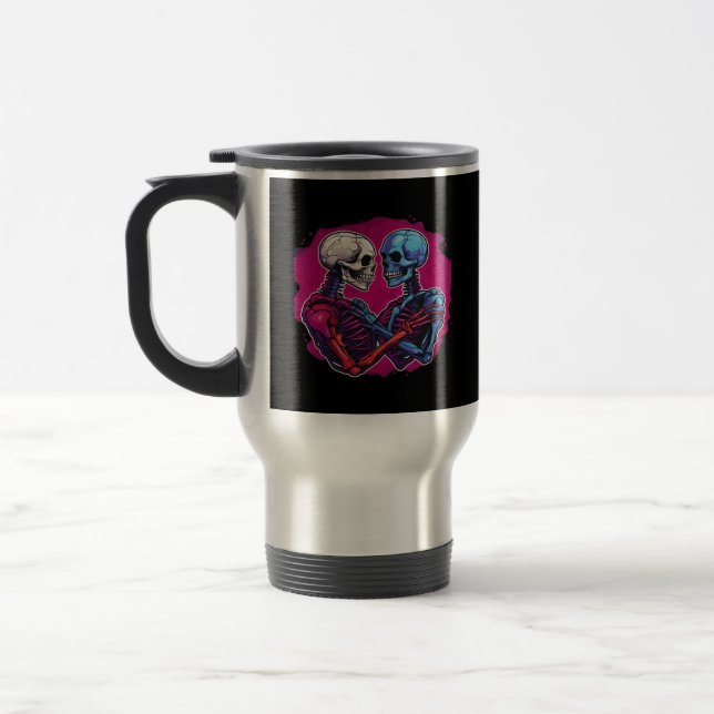 Skeleton Hands Holding Heart Retro Tattoo Style Travel Mug (Left)