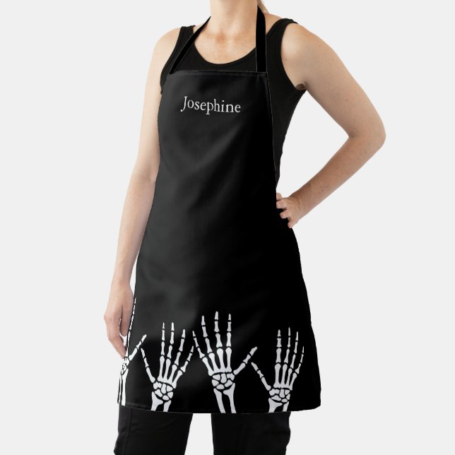 Skeleton Hands On Black With Custom Name Halloween Apron (Insitu)