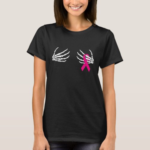 Skeleton Hands On Chest Breast Cancer Awareness T_Shirt
