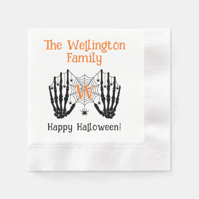 Skeleton Hands Spiderweb Initial Name Halloween #2 Napkins (Front)