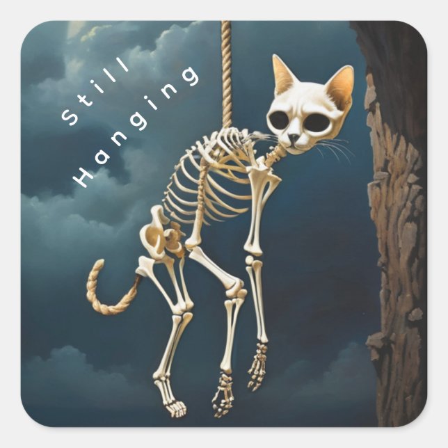 Skeleton hanging square cat sticker  (Front)