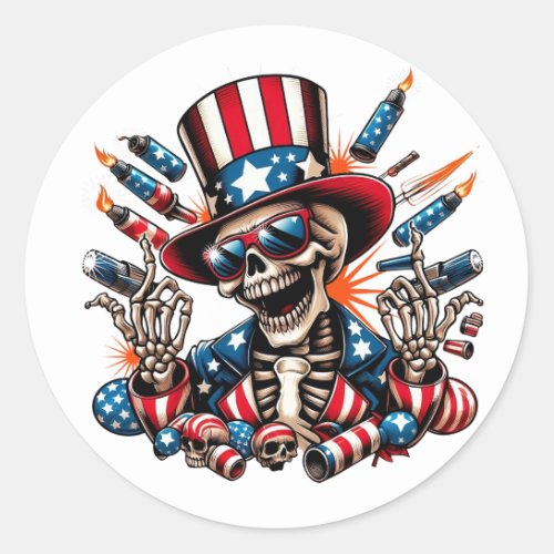 Skeleton Happy Fourth of July Classic Round Sticker