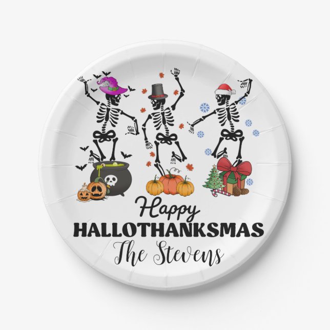 Skeleton Happy Hallothanksmas  Paper Plates (Front)
