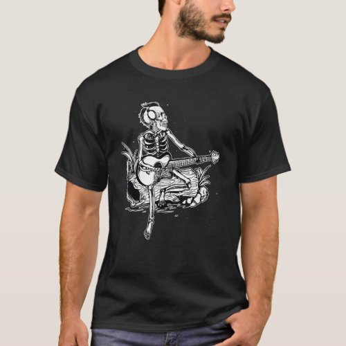 Skeleton Head Playing Acoustic Rock On His Guitar  T_Shirt